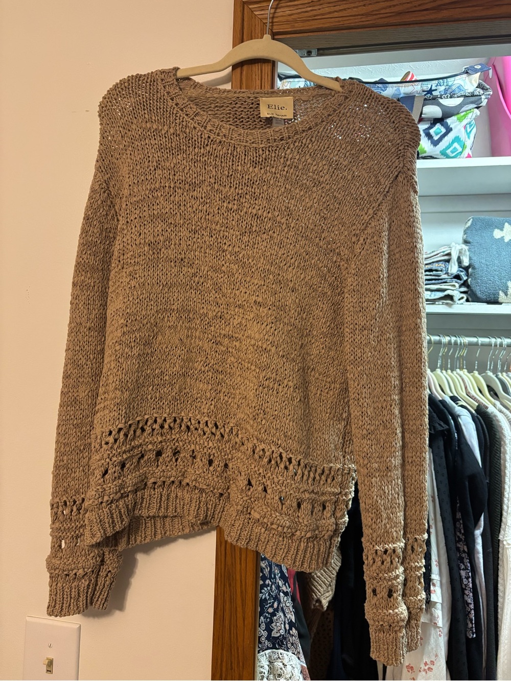 Elie Tahari Taupe Openwork Hem Crewneck Sweater